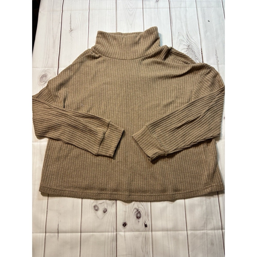 SHEIN Curve 1XL Women Brown Ribbed Knit Mock Neck Long Sleeve Pullover Sweater